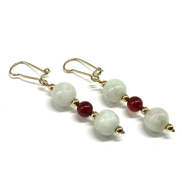 Elegant Vintage White Jade Carnelian 14k Gold Dangle Earrings - Picture 5 of 6